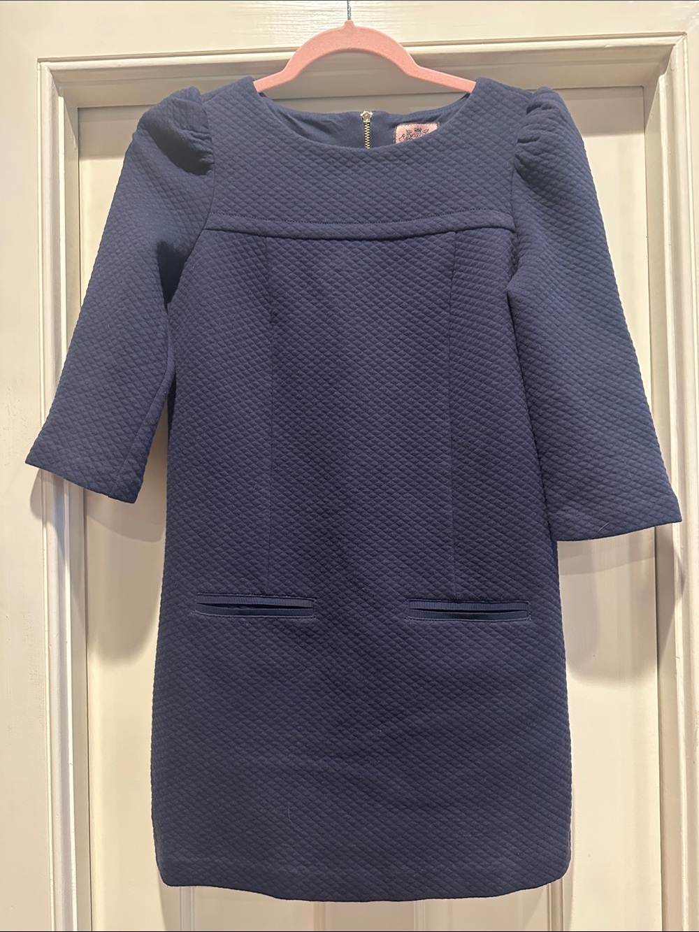 Juicy Couture Navy Textured Shift Dress with Three-Quarter Sleeves
